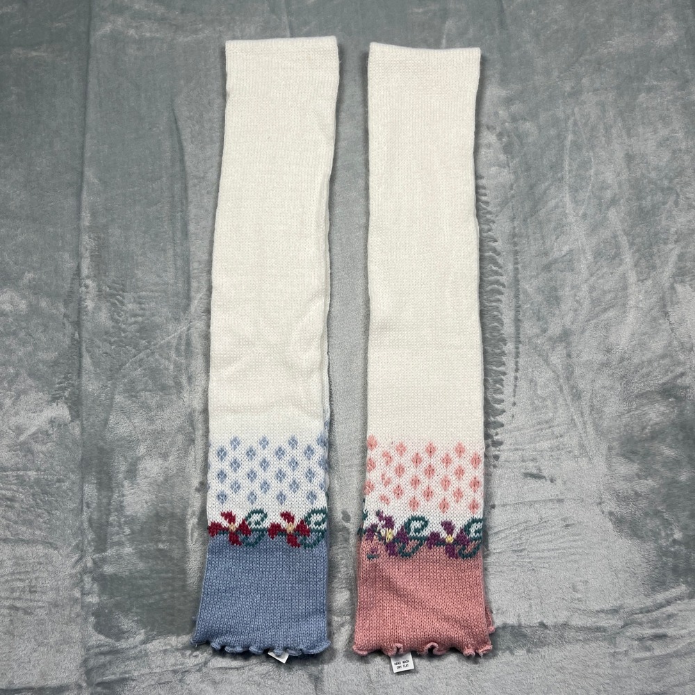 Knit Scarf Set Women White Blue Pink Floral Fair Isle Scalloped Edge Cottagecore